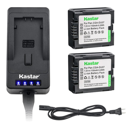 Kastar LED Super Fast Charger & Camcorder Battery X2 for Panasonic CGR-DU06 CGA-DU07 CGR-DU07 NV-GS330 GS508 MX500 PV-GS180 GS400 GS500 SDR-H48 H250