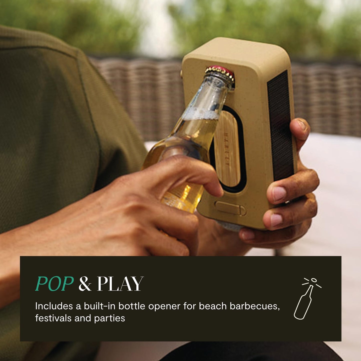 House of Marley Rise Up Solar Bluetooth Speaker, IP67 Waterproof, 14H Playtime, Solar Charging, Quick Charge, Eco-Friendly Recycled Materials, Bamboo