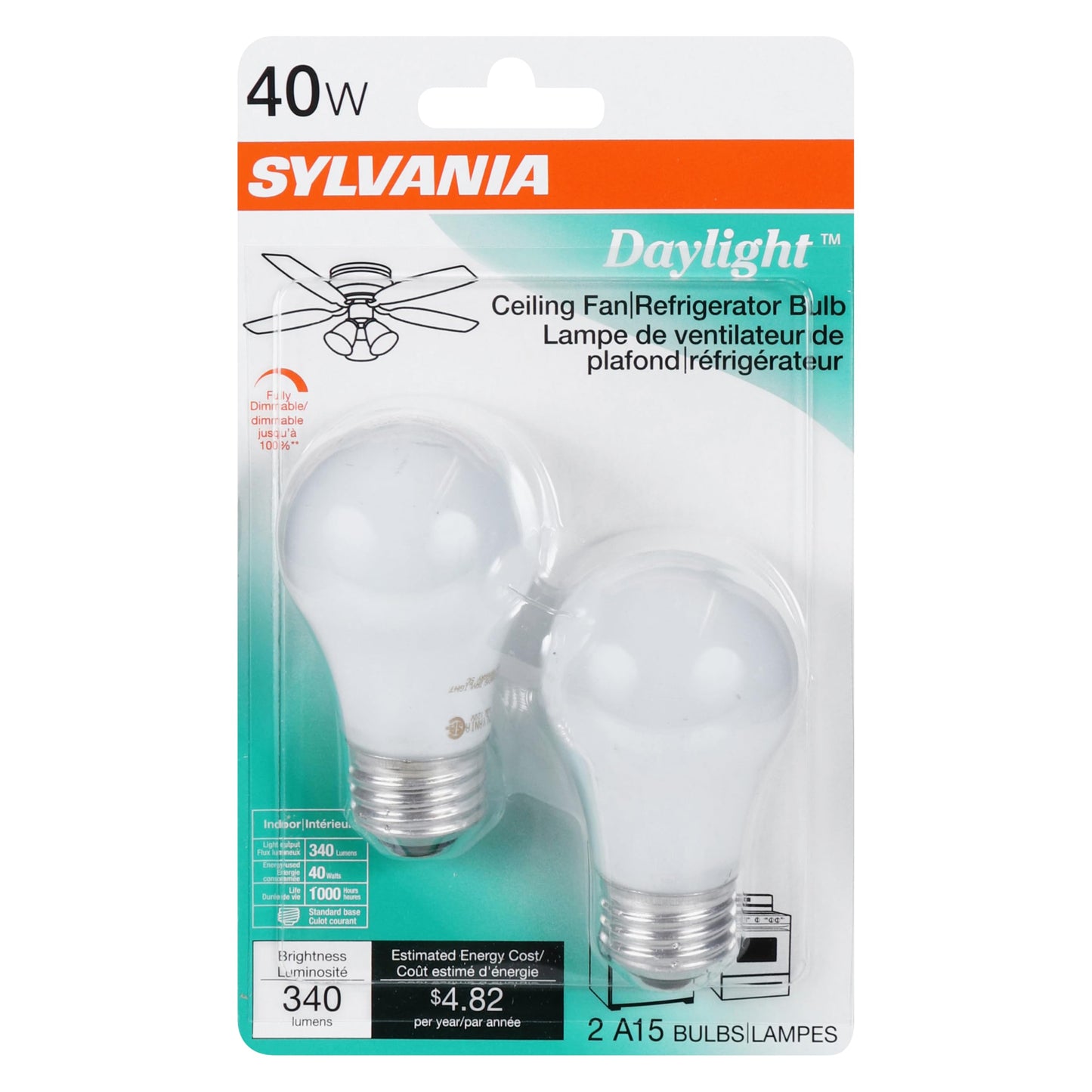 Sylvania Incandescent A15 E26 Base Light Bulbs 40 Watt Warm White, 2 Pack