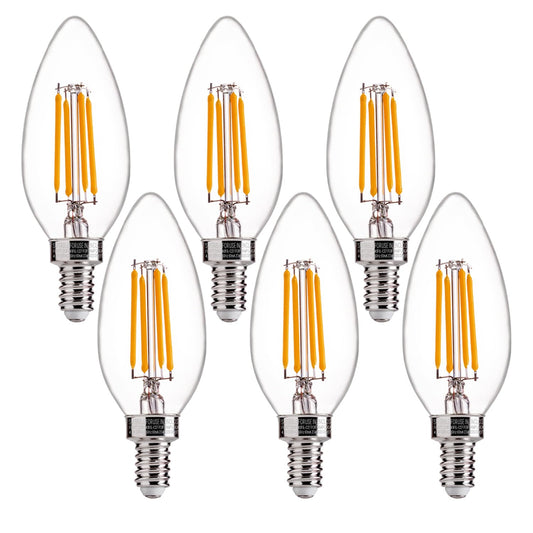 FLSNT 60W Equivalent LED Chandelier Light Bulbs, Dimmable, E12 Base, Clear B11 LED Filament Candelabra Bulbs, 2700K Soft White, 6 Pack