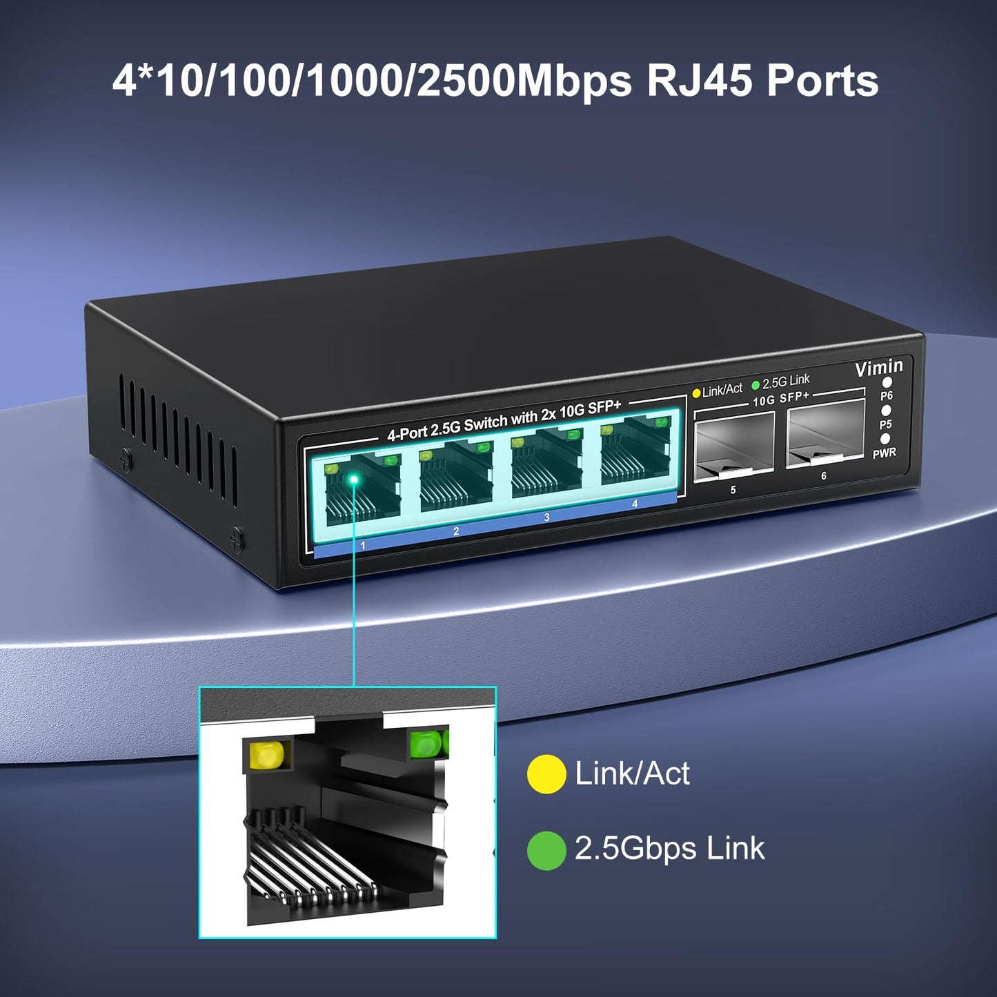 6 Port 2.5G Unmanaged Network Switch, VIMIN 4X 2.5Gbase-T Ports, 2X 10G SFP+ Port, 60Gbps Switching Capacity, IEEE802.3, Metal Housing, Fanless, Work