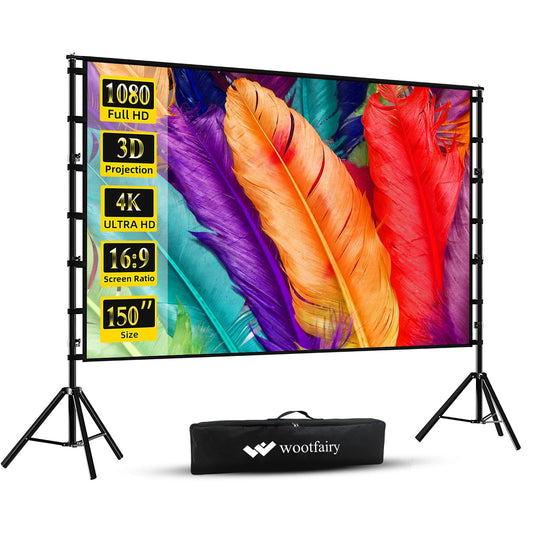 Projector Screen with Stand, Wootfairy 150 inch Portable and Foldable Projection Screen 4K HD 16:9 Rear Front Wrinkle-Free Movie Screen with Carry Bag