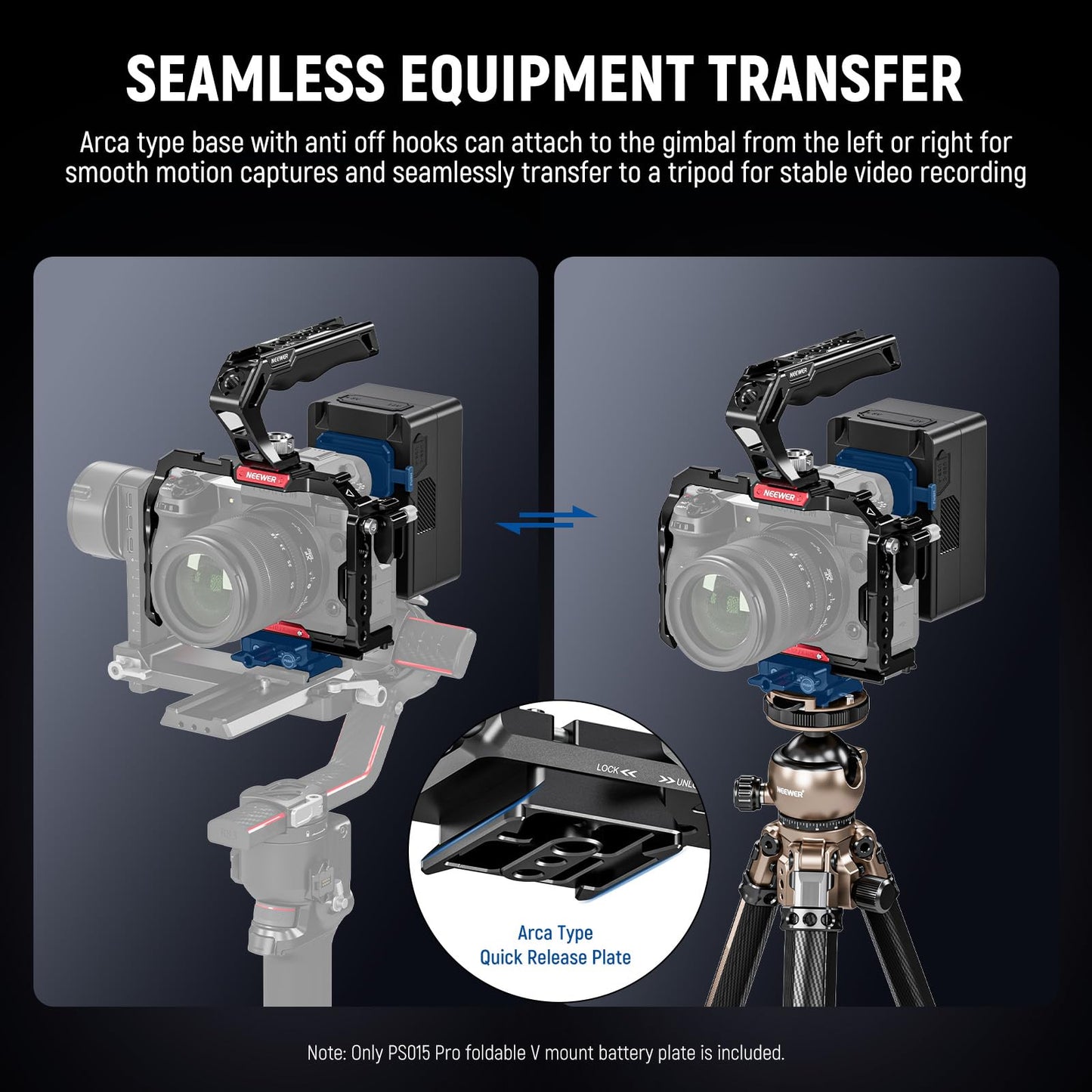 NEEWER PS015 PRO V Mount Battery Plate with Arca Type Quick Release Plate & Cleaning Cloth, Foldable V Lock Mounting Adapter for NEEWER PS099E