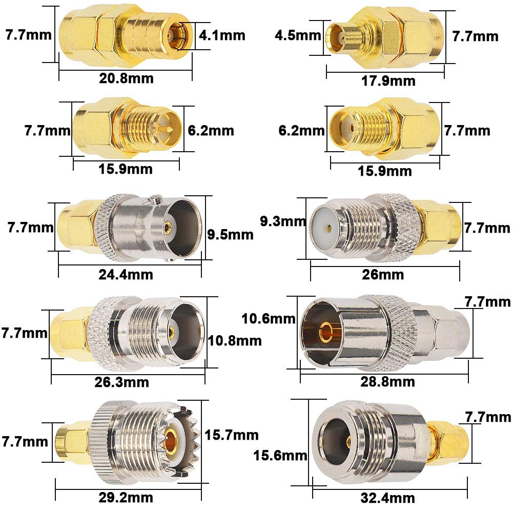 Kaunosta SMA Adapter Kit 10PCS,SMA Male to UHF, BNC, RPSMA, TV, MCX, F-Type, N, TNC, SMB, Nickel Gold-Plated RF Connectors for Antennas and Wireless