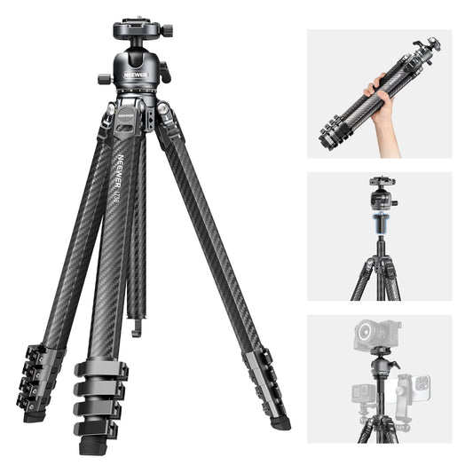 NEEWER LITETRIP LT38 61" Travel Tripod Carbon Fiber for Camera, 360° Pan Tilt Low Profile Ball Head, Flexible Center Axis, Arca QR Plate Compatible