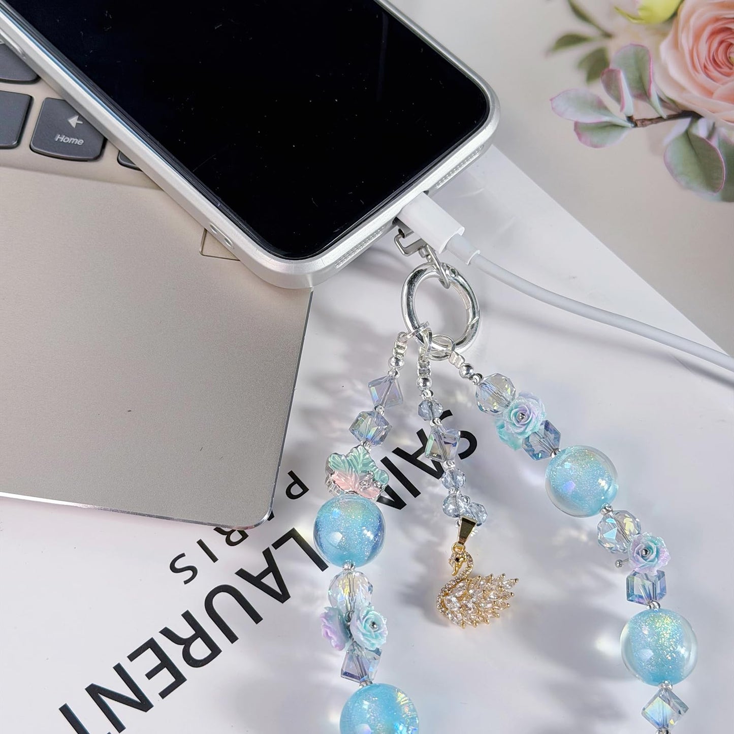 DYLWMYRL phone charm, Blue Bling Beaded Wrist Strap, Anti-Lost Detachable Cell Phone Lanyard for Women, Daily Commute & Travel
