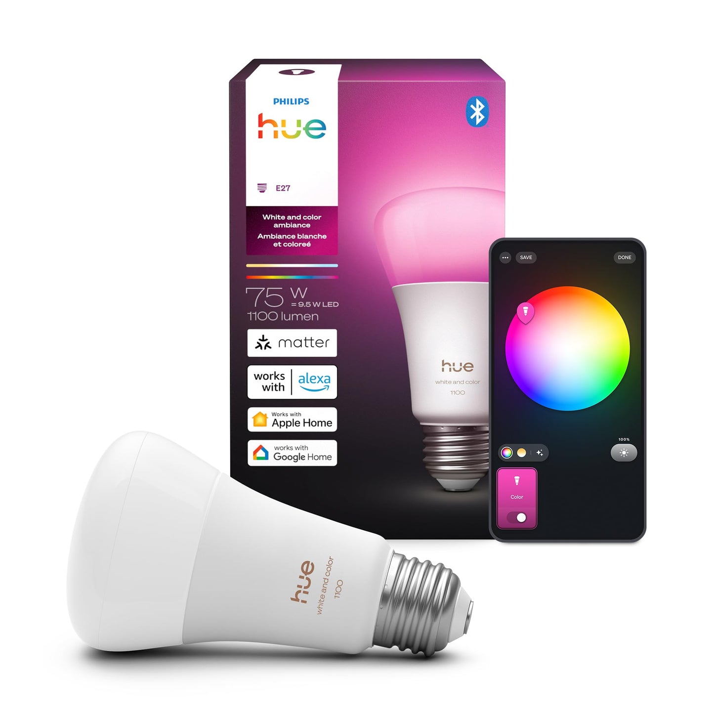 Philips Hue Smart LED A19 Bulb 7.2W, E26, 1-Pack