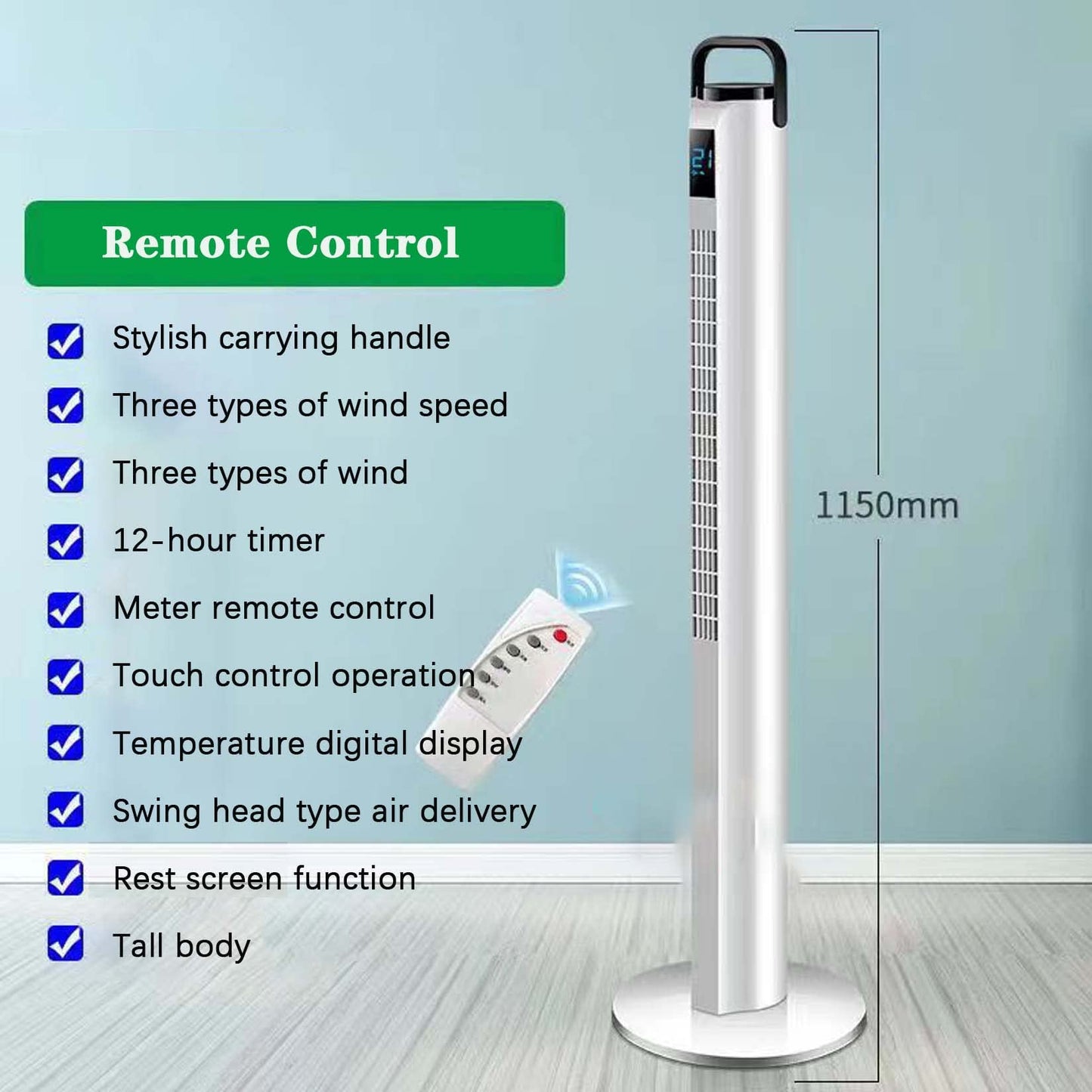 BNE Silent leafless shaking head tower fan with remote control, 3 modes, 3 speeds, LED temperature display, 12h timer, use with bedroom, living room