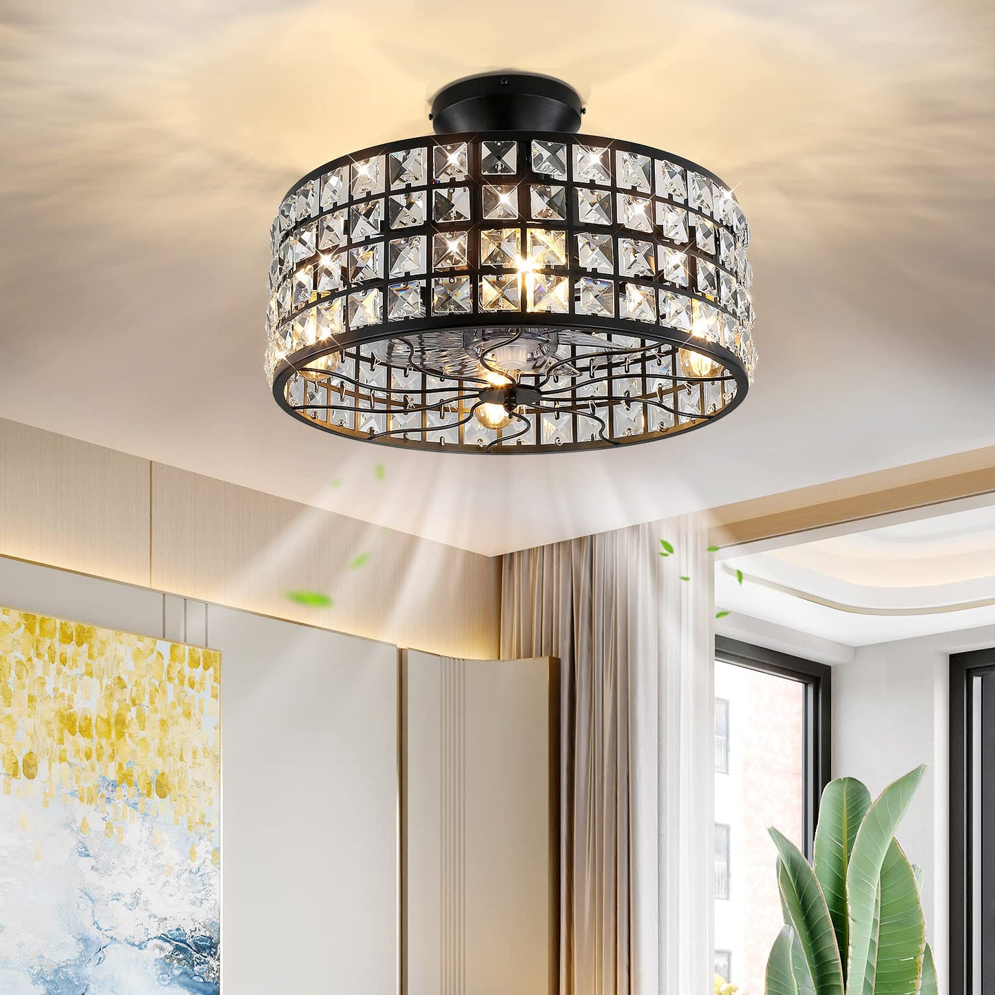 OBCGT 18inchCage Ceiling Fan with Lights Remote Control 8 Blades Rustic Crystal Chandelier Fan Industrial Bladeless for Living Dining Room Bedroom