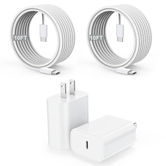 10FT iPhone 17/16 Charger Fast Charging,2Pack 20W USB-C Block Type C Chagrer Power Adapters 10Foot Long Super Charging Woven Cable for iPhone