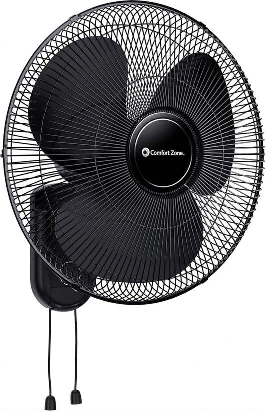 Comfort Zone 16-Inch Oscillating Wall Mount Fan - Quiet 3-Speed Indoor Fan with 60° Adjustable Tilt, Pull-Chain Control & Durable Metal Grille