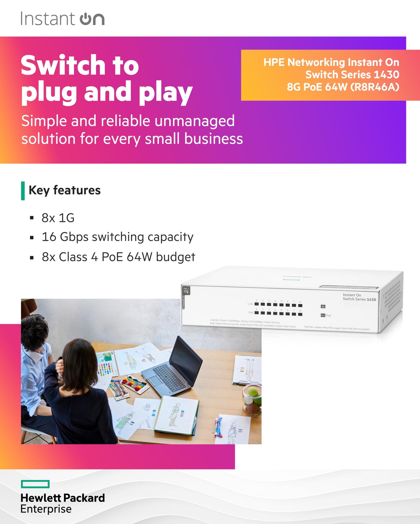 HPE Networking Instant On Switch Series 1430 8-Port Gb Unmanaged Layer 2 Ethernet Switch with PoE | 8X 1G | 8X CL4 PoE (64W) | Fan-Less | US Cord