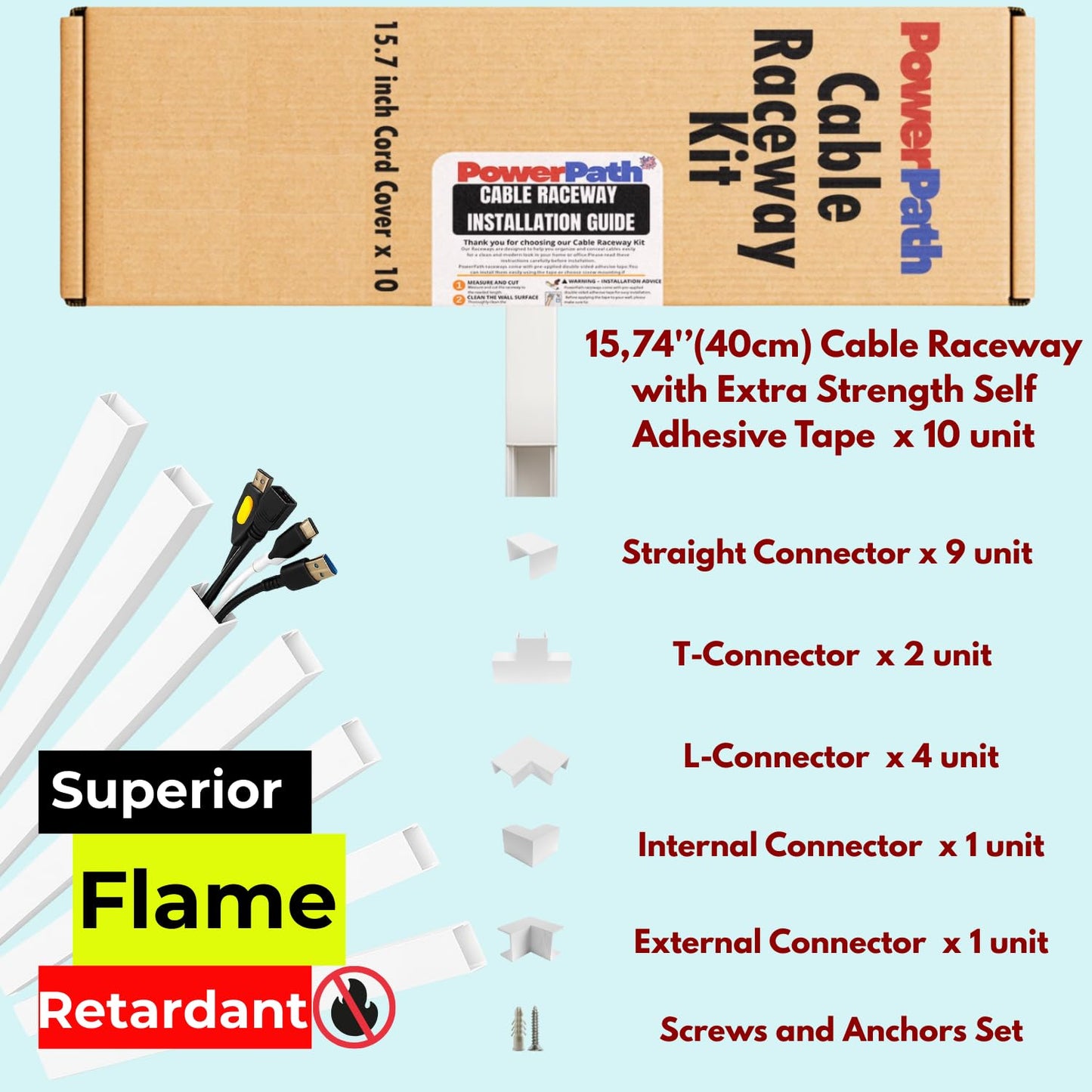 Cable Management Kit | 157" Cord Hider Kit | 10 Pcs x 15.7in Paintable Cable Raceway with Connectors | T & L Corners | Inside & Outside Elbows | Home