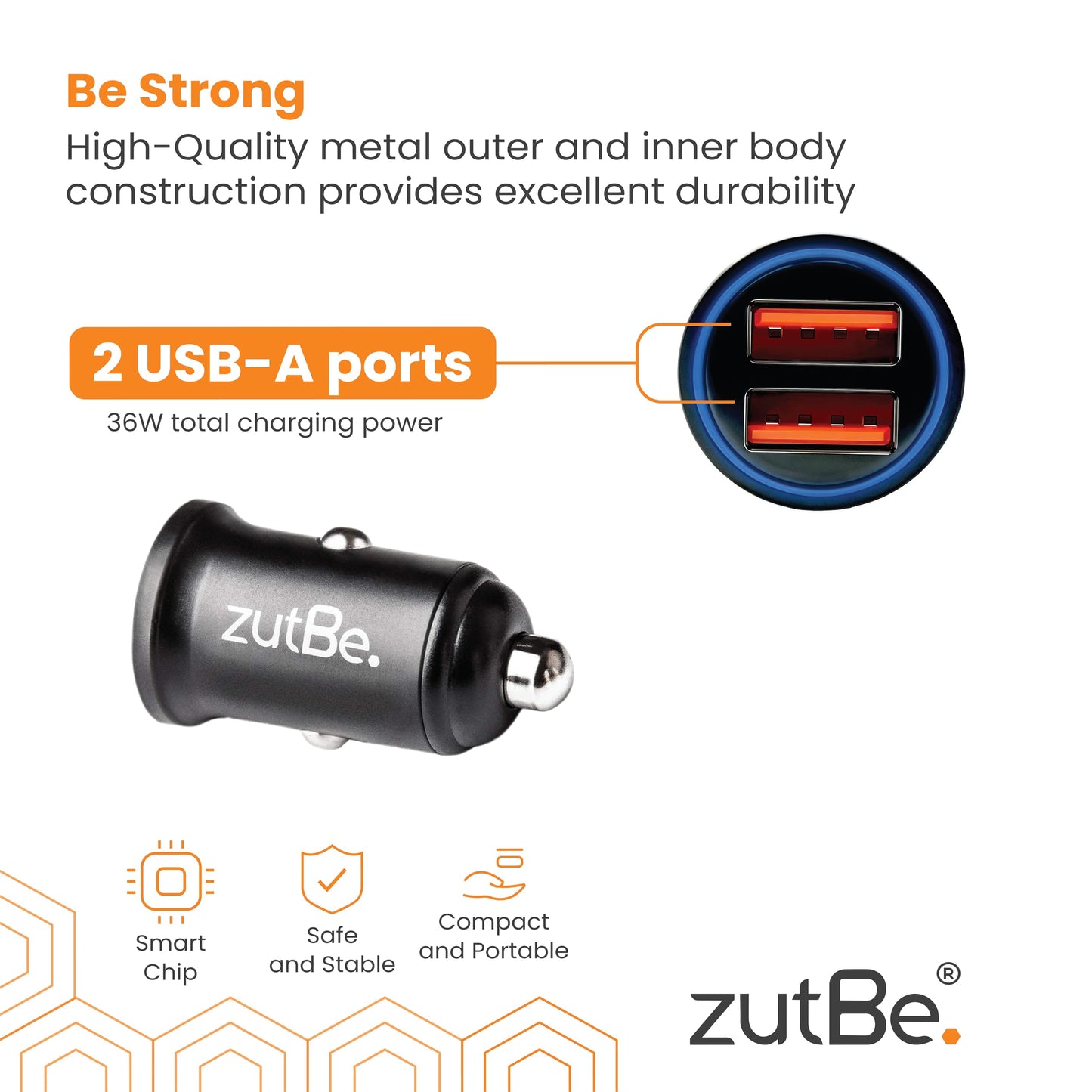 zutBe Dual USB-A 36W with one QC 3.0 Compact Metal Fast Car Charger for iPhone 14 13 12 SE 11 X 8 7 & iPad; Samsung Galaxy S20 S1 Note OnePlu, Pixe