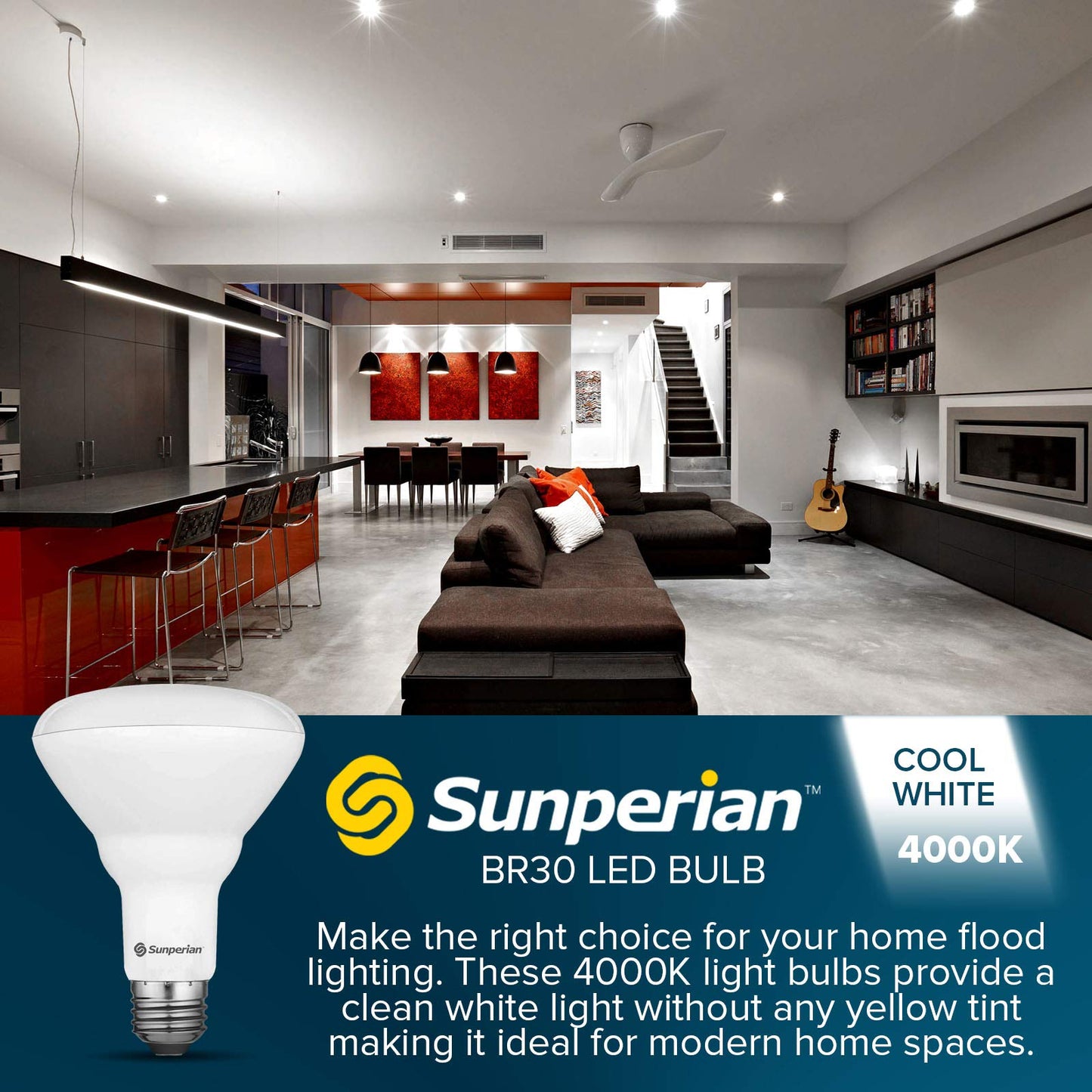 SUNPERIAN BR30 LED Bulb, 8.5W=65W, 4000K Cool White, 800 Lumens, Dimmable Flood Light Bulbs for Recessed Cans, Enclosed Fixture Rated, Damp Rated, UL