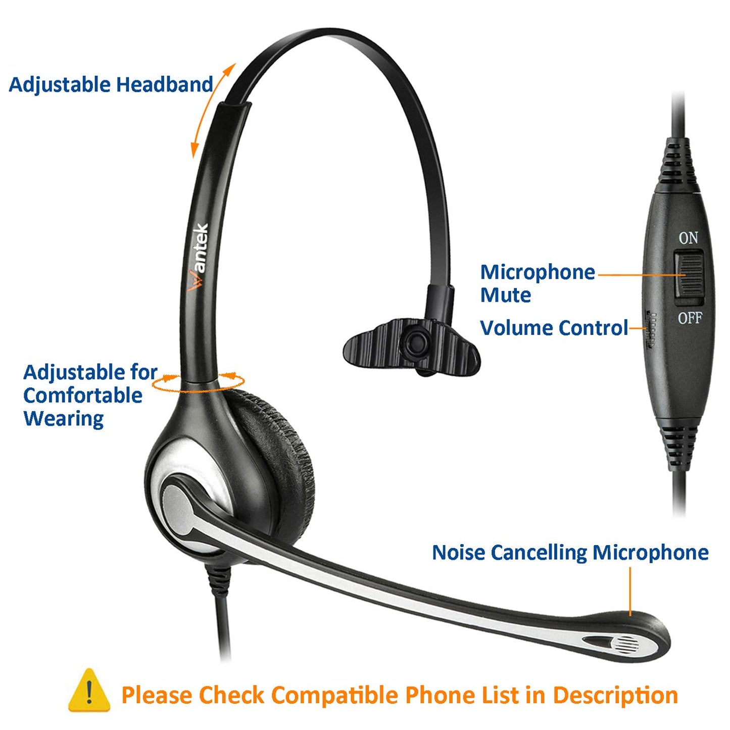 Wantek 2.5mm Telephone Headset Monaural with Noise Canceling Mic+Quick Disconnect Compatible with Cisco Linksys SPA Polycom Grandstream Panasonic