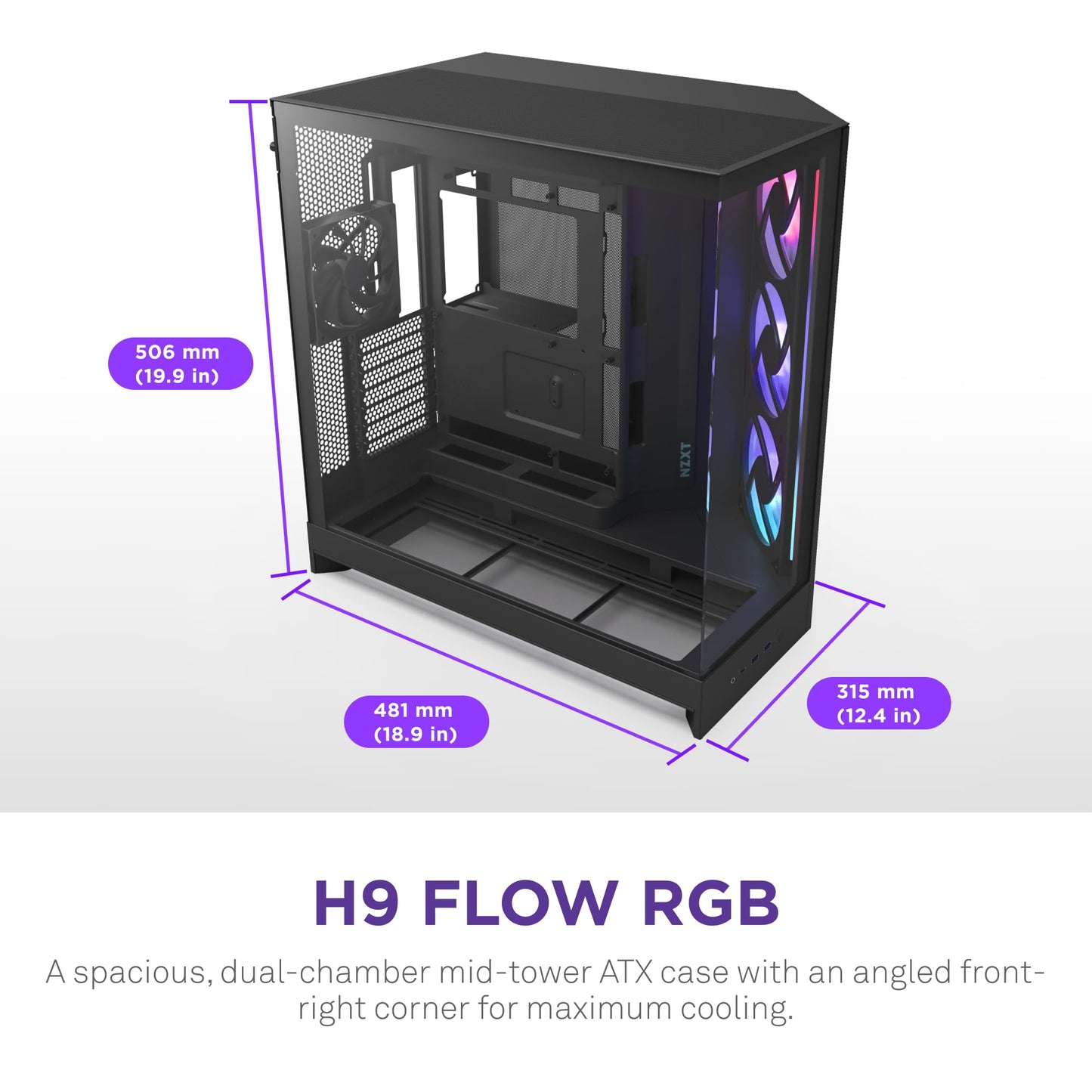 NZXT H9 Flow RGB (2025) - Large Dual-Chamber ATX Mid-Tower Airflow PC Case - Includes 1 x 420mm RGB Fan Unit & 1 x 120mm Fan - 420mm Radiator Support