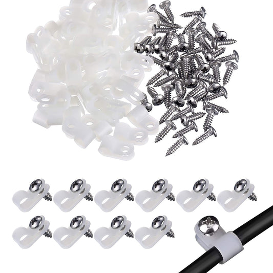 VIPMOON 100 Pcs 1/4 Inch R-Type Cable Clips Clamp Kit, Nylon Mounting Cord Fastener Clips with 100 Pack Screws for Indoor Outdoor Electrical Wire
