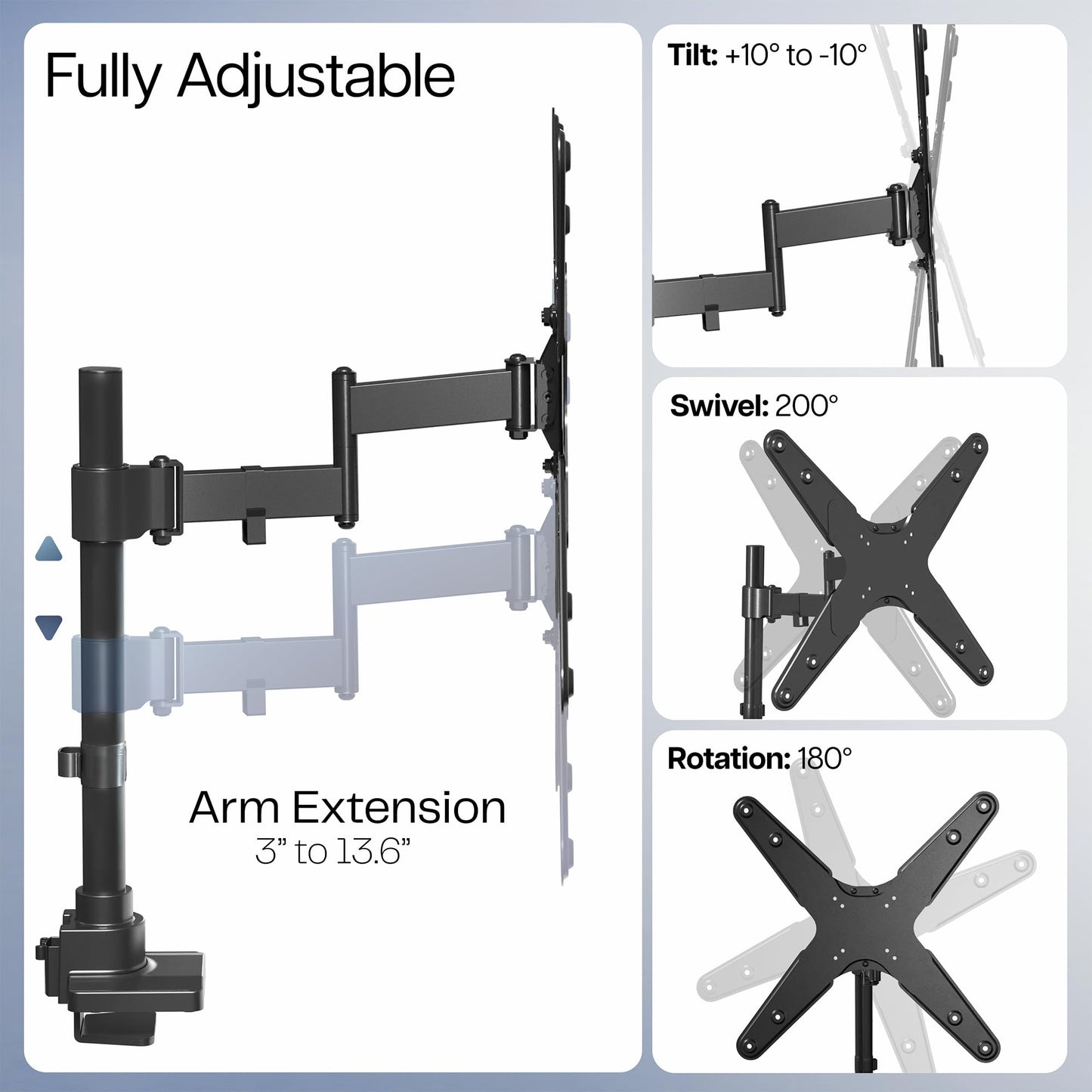 VIVO Ultra Wide Monitor and TV Desk Mount for up to 55 inch Screens, Single Television Stand with Articulating Arm, Holds up to 44 lbs, Max VESA