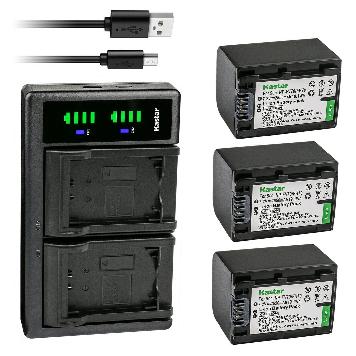 Kastar 3-Pack Battery and LTD2 USB Charger Replacement for Sony NP-FV30, NP-FV50, NP-FV70, NP-FV90, NP-FV100 Battery, Sony BC-TRV, BC-VH1, AC-VQH10