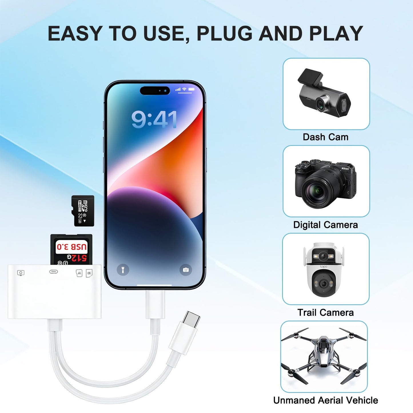 4-in-1 Memory Card Reader,SD Card Reader for iPhone,iPad Memory SD Card Reader USB C&Lightning Dual Port Micro SD Card Reader,Memory Card Reader