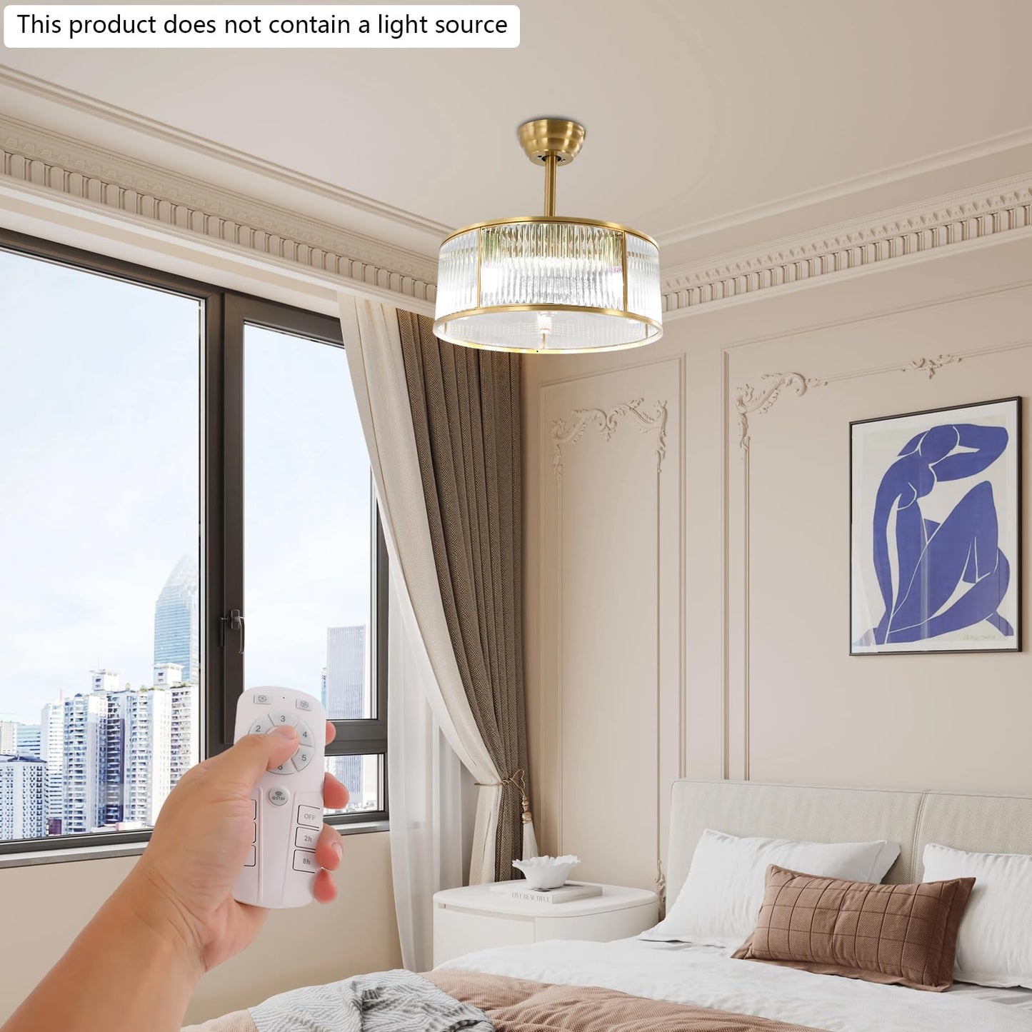 KIOMGLE 18 Inch Gold Fandelier Crystal Ceiling Fan with Light, Enclosed Modern Ceiling Fan Industrial Caged Chandelier Fan with 6-Speed Reversible