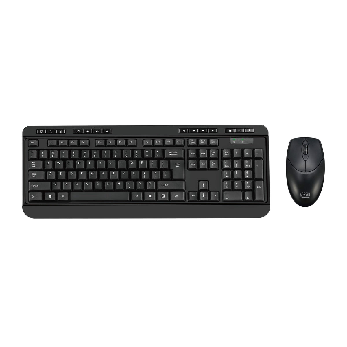 Adesso Wireless Desktop Keyboard and Mouse Combo 2.4 GHz RF Connectivity 104 Key US Layout Quiet Membrane Switches 14 Multimedia Hotkeys Optical