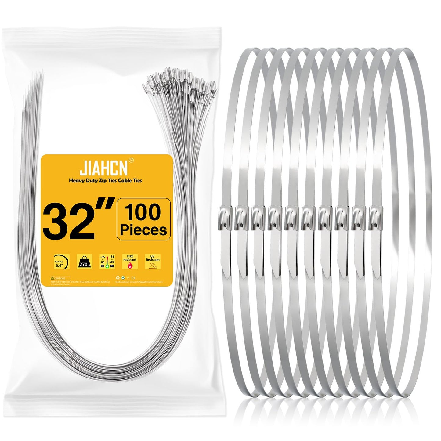 JIAHCN 100PCS Metal Cable Zip Ties Heavy Duty 32 Inch Extra Long Stainless Steel ZipTies 270LBS Tensile Strength Steel Wire Ties Multi-Purpose