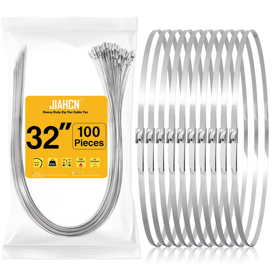 JIAHCN 100PCS Metal Cable Zip Ties Heavy Duty 32 Inch Extra Long Stainless Steel ZipTies 270LBS Tensile Strength Steel Wire Ties Multi-Purpose