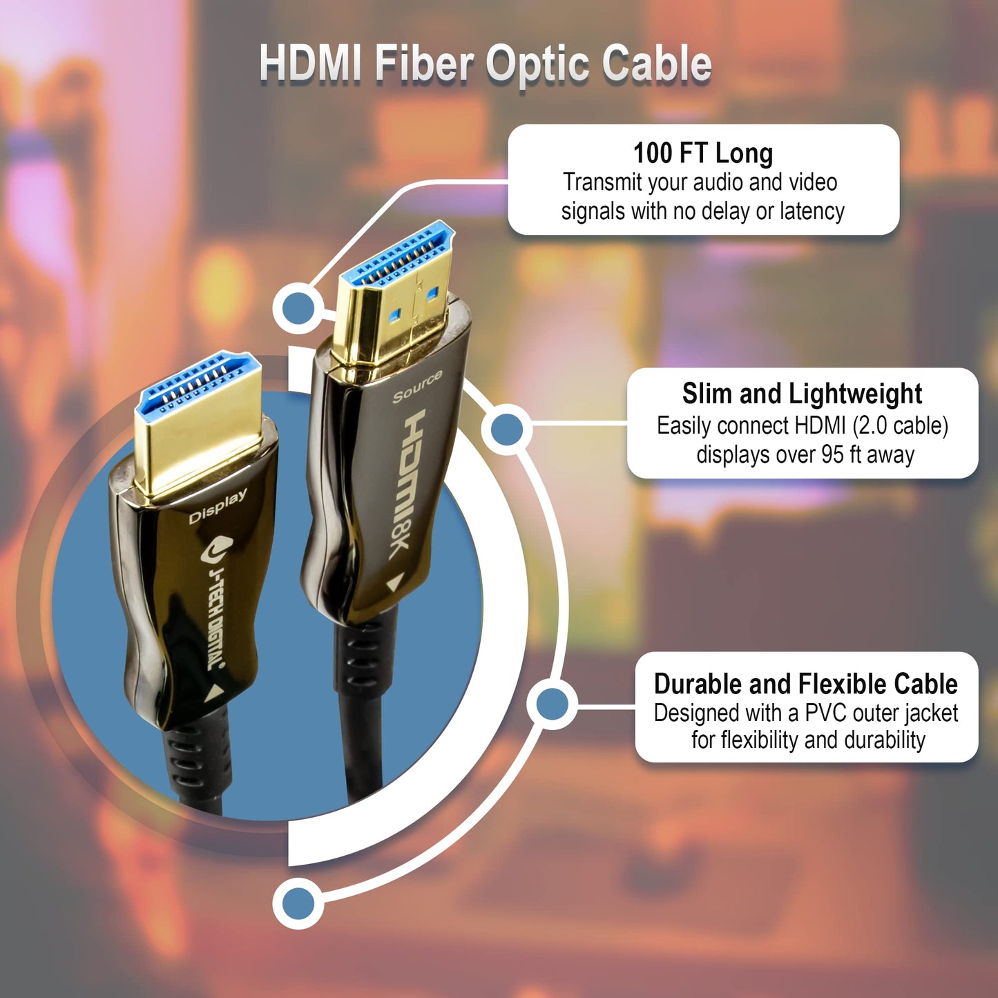 J-Tech Digital Fiber Optic HDMI Cable HDMI 2.0 Ultra Slim Cable Supporting HDCP 2.2, 18Gbps, 4:4:4, HDR10, 100 ft (30 m) [JTECH-FCAB100]