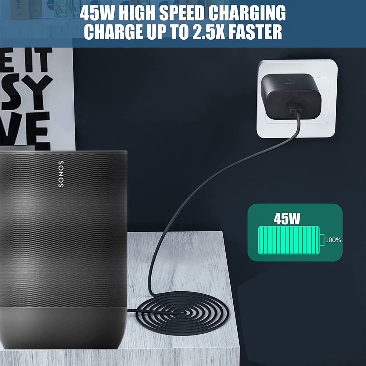 45W Charger for Sonos Move Bluetooth Speaker Compatible with Sonos Move USB Type C Wall Travel Charger (6.5Ft)