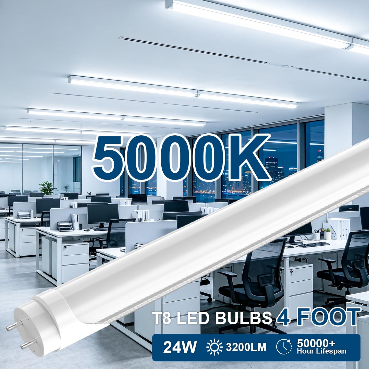 JESLED T8 4FT LED Light Bulbs, 24W 3200LM 5000K Frosted Type A+B, 4 Pack