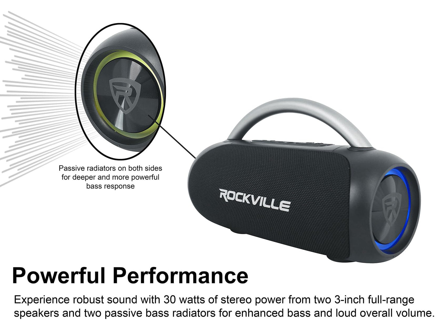 Rockville RPB-D3 30W Portable Bluetooth Speaker, Water Resistant, TWS Pairing, LED Lights, Long Battery Life, Perfect for Parties and Outdoor