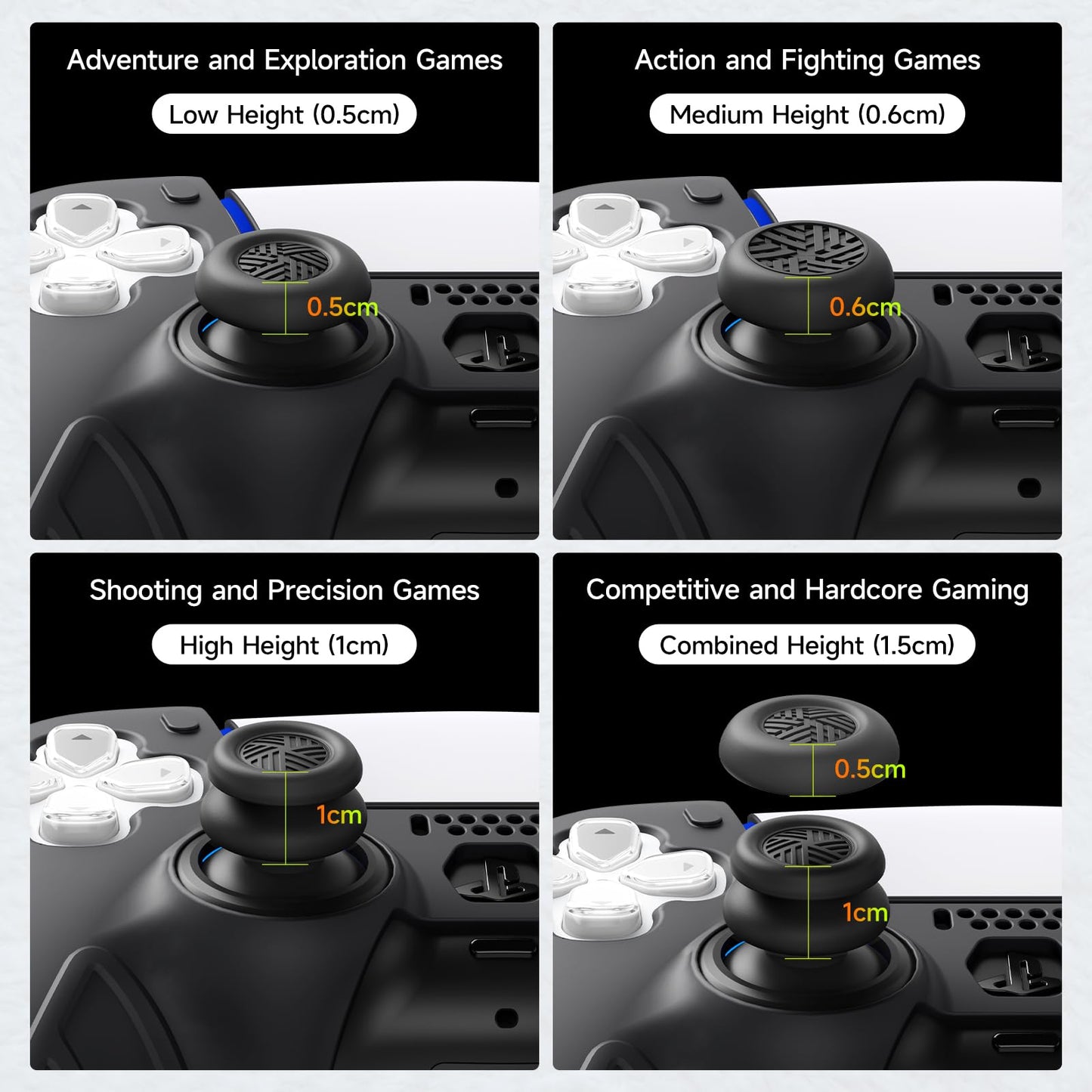 JEMDO Thumb Grips for PS5/PS4/Switch Pro Controllers, Silicone Joystick Caps with Anti-Slip Design, 3 Heights (High/Mid/Low) Button Caps, Gaming
