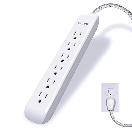 Philips 6-Outlet Surge Protector Power Strip, Designer Braided Power Cord, 10 Ft Power Cord, Flat Plug Extension Cord, Perfect for Office or Home