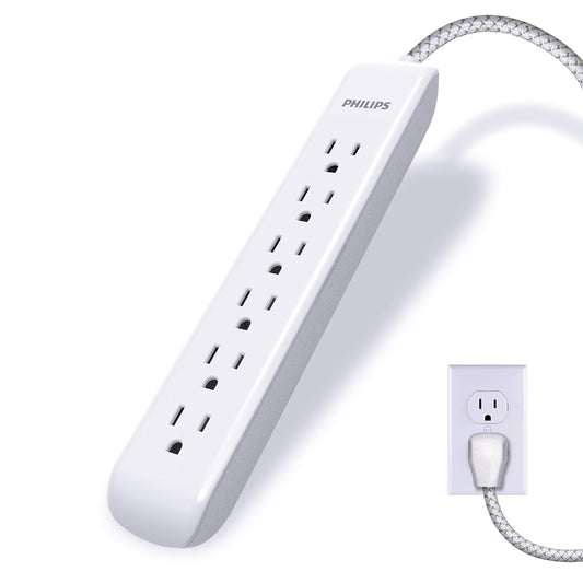 Philips 6-Outlet Surge Protector Power Strip, Designer Braided Power Cord, 10 Ft Power Cord, Flat Plug Extension Cord, Perfect for Office or Home