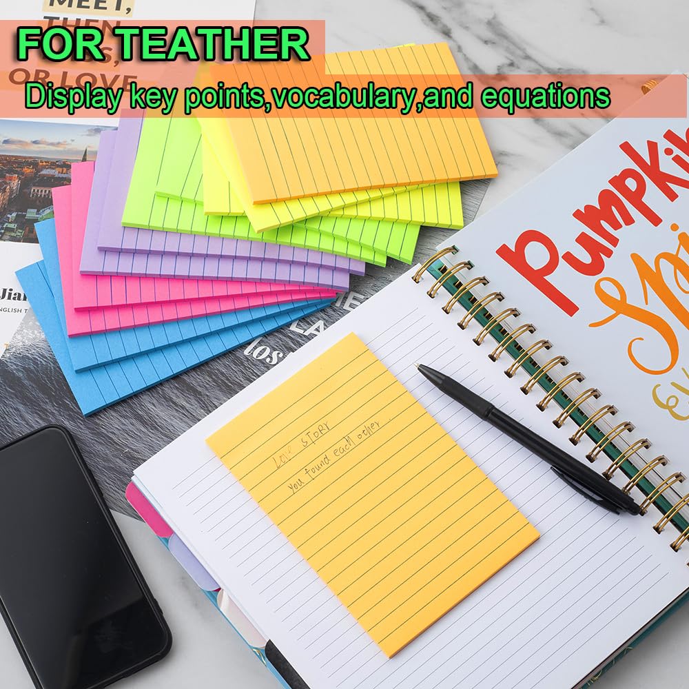 (12 Pack) Lined Sticky Notes 4x6 in,Bright Large Notepads with Lines