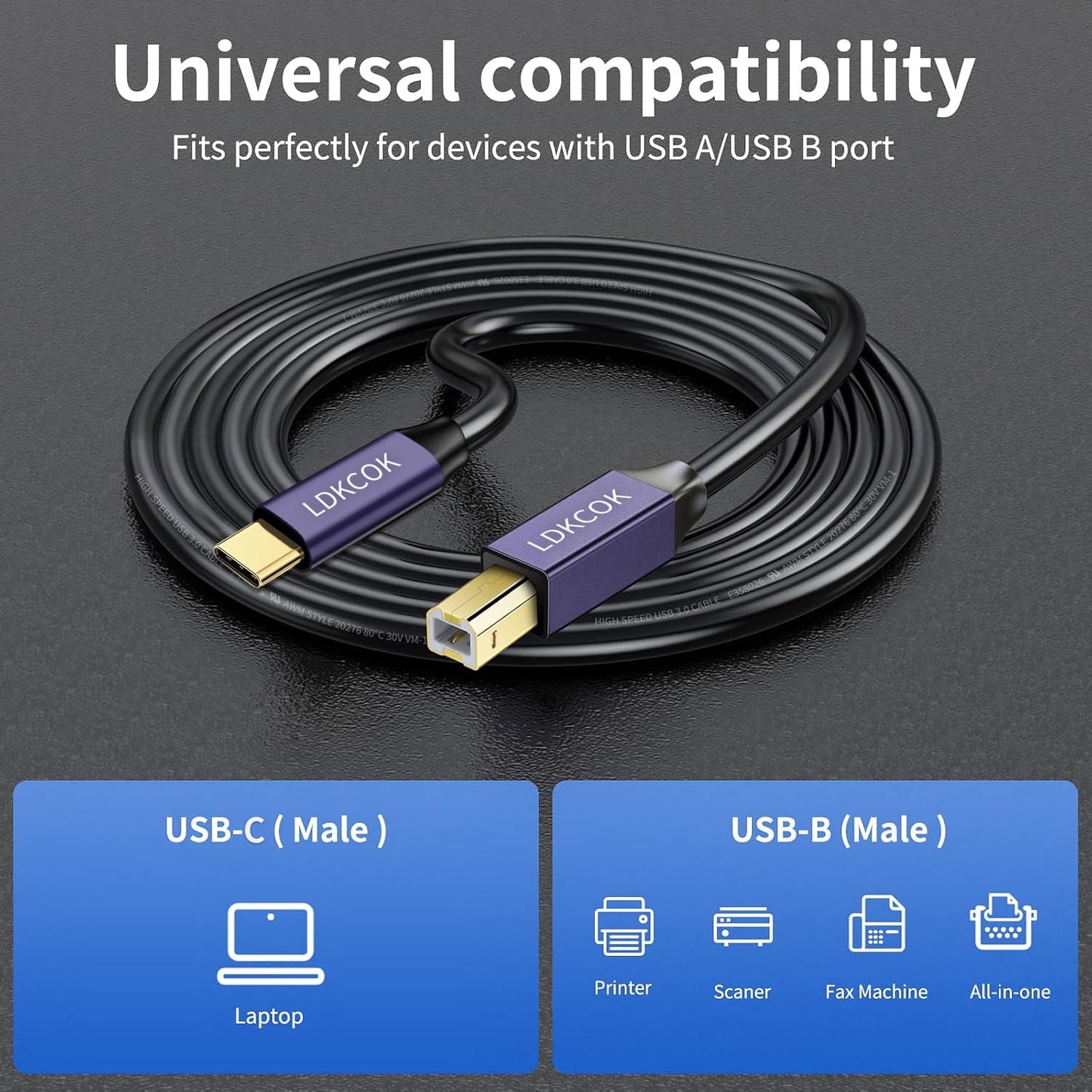 LDKCOK USB B to USB C Printer Cable 6FT, USB C MIDI Cable Compatible for MacBook Pro, HP, Epson, Canon, Brother, Lexmark, Xerox Printers