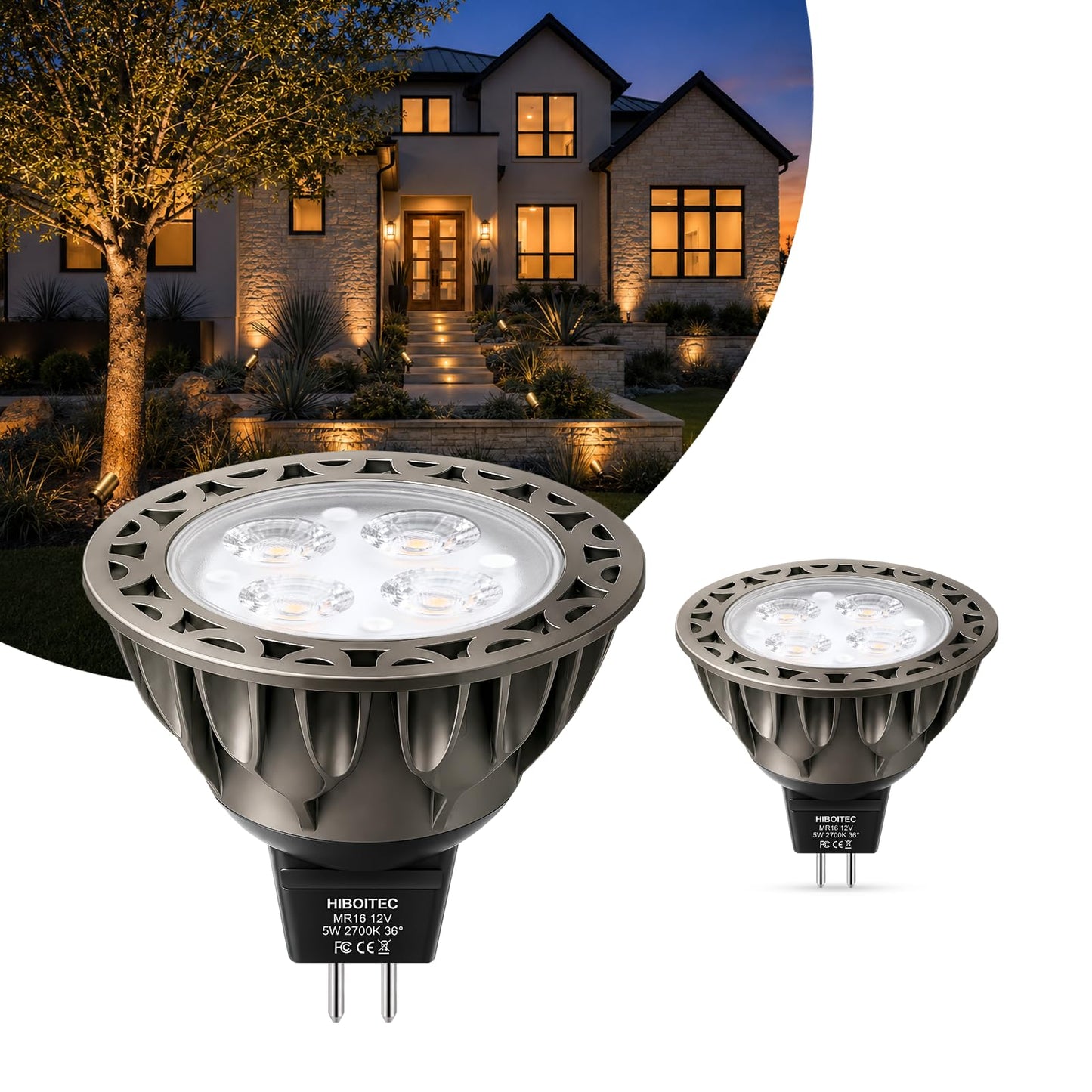 HIBOITEC 2 Pack 5W MR16 LED Bulbs 2700K Warm White, Aluminum Housing