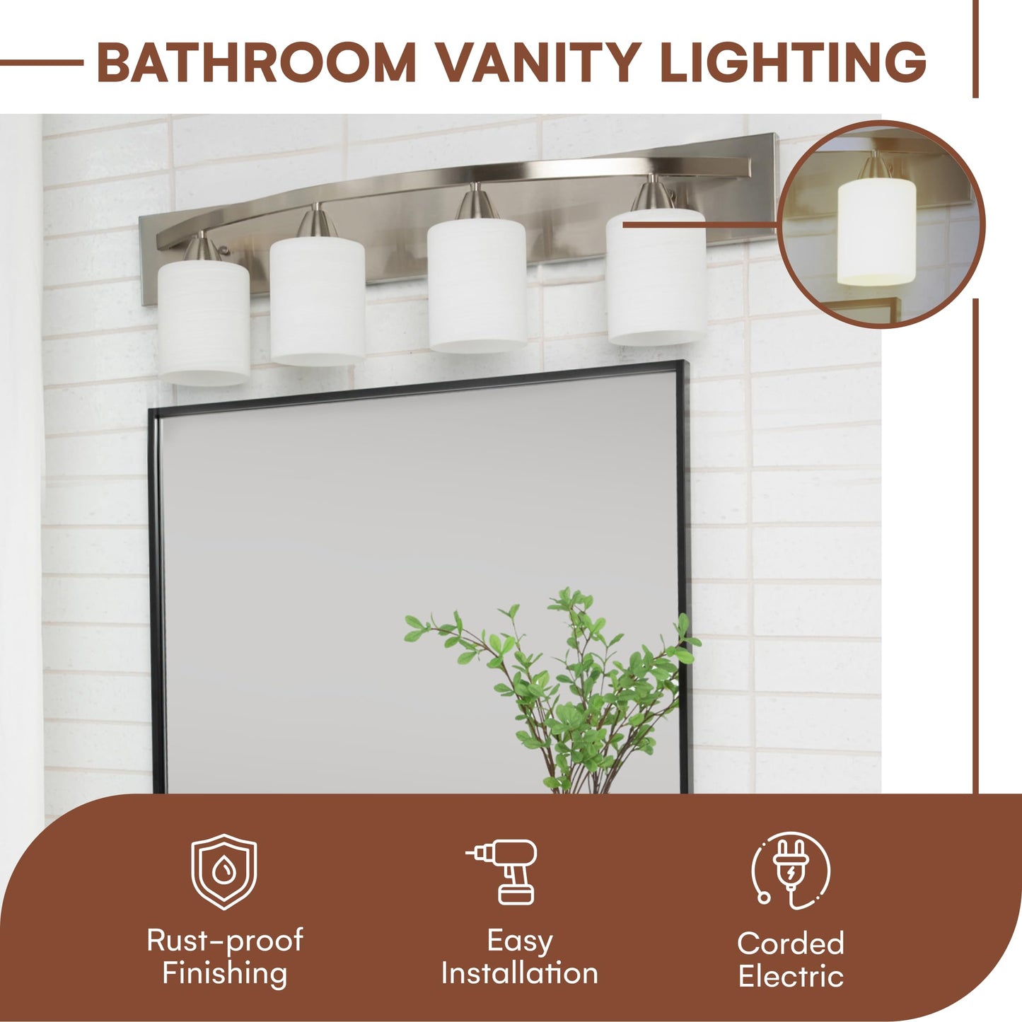 Dorence 4-Lights Bathroom Vanity Lights - Alloy Steel Bathroom Light Fixtures for Mirrors - Oil-Rubbed Bronze Lighting Bar with Nickel Glass Shade - 8