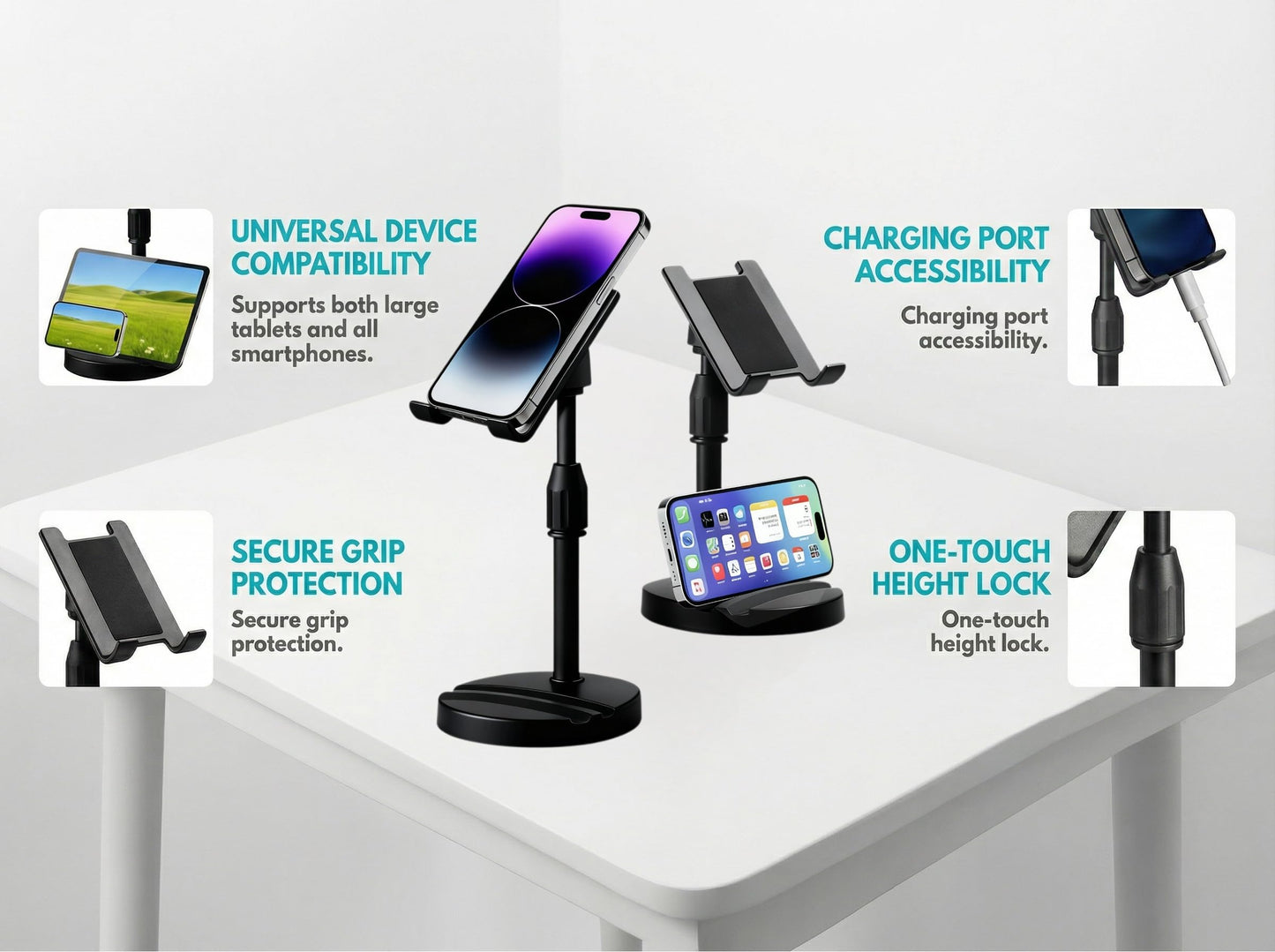 ZYEUNAGNB Adjustable Height Phone and Tablet Stand, Dual Device Holder with 360° Rotation, Sturdy Non-Sturdy Non-Slip Base with Card Slot