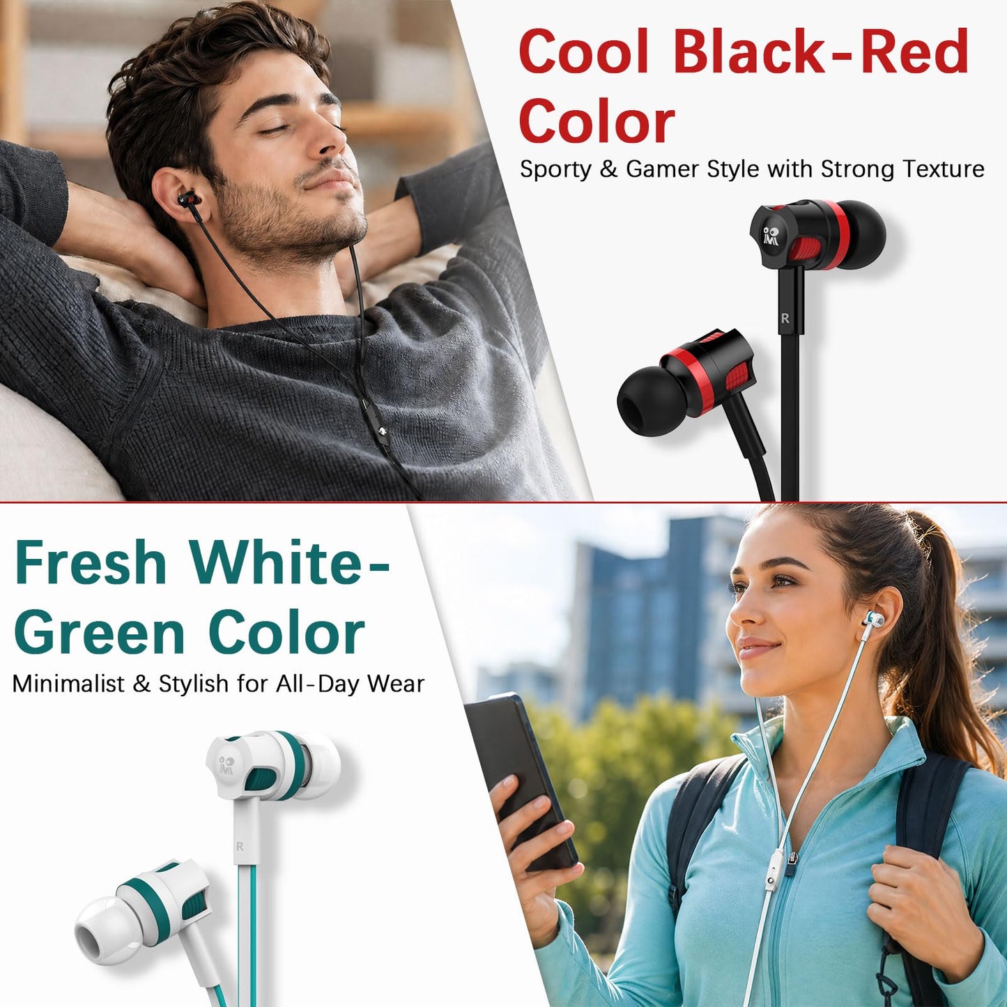 Rosmas Wired Earbuds in-Ear Headphones with Microphone, 3.5mm Jack Corded Earphones Stereo Bass Earbuds, S/M/L Soft Silicone Tips Compatible