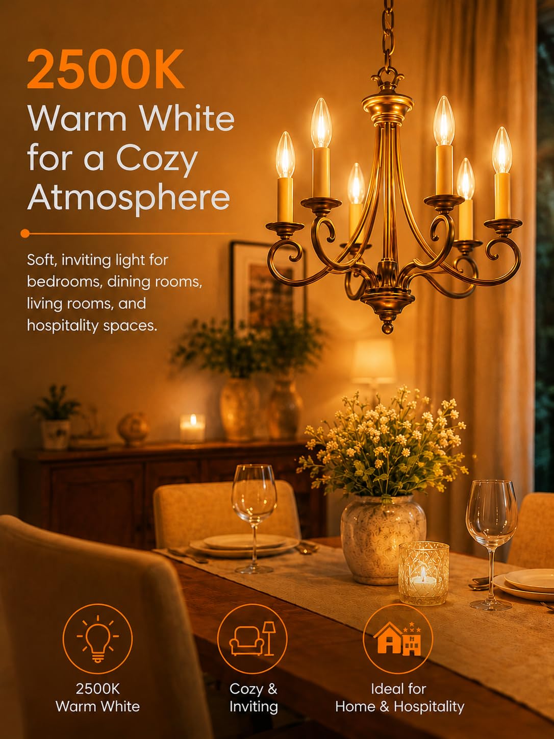 MEQIQTEK E12 60 Watt Incandescent Candle Light Bulbs, Chandelier Light Bulbs for Ceiling Fan, Vanity, Outdoor - Warm White 2500K, 600 Lumen Dimmable