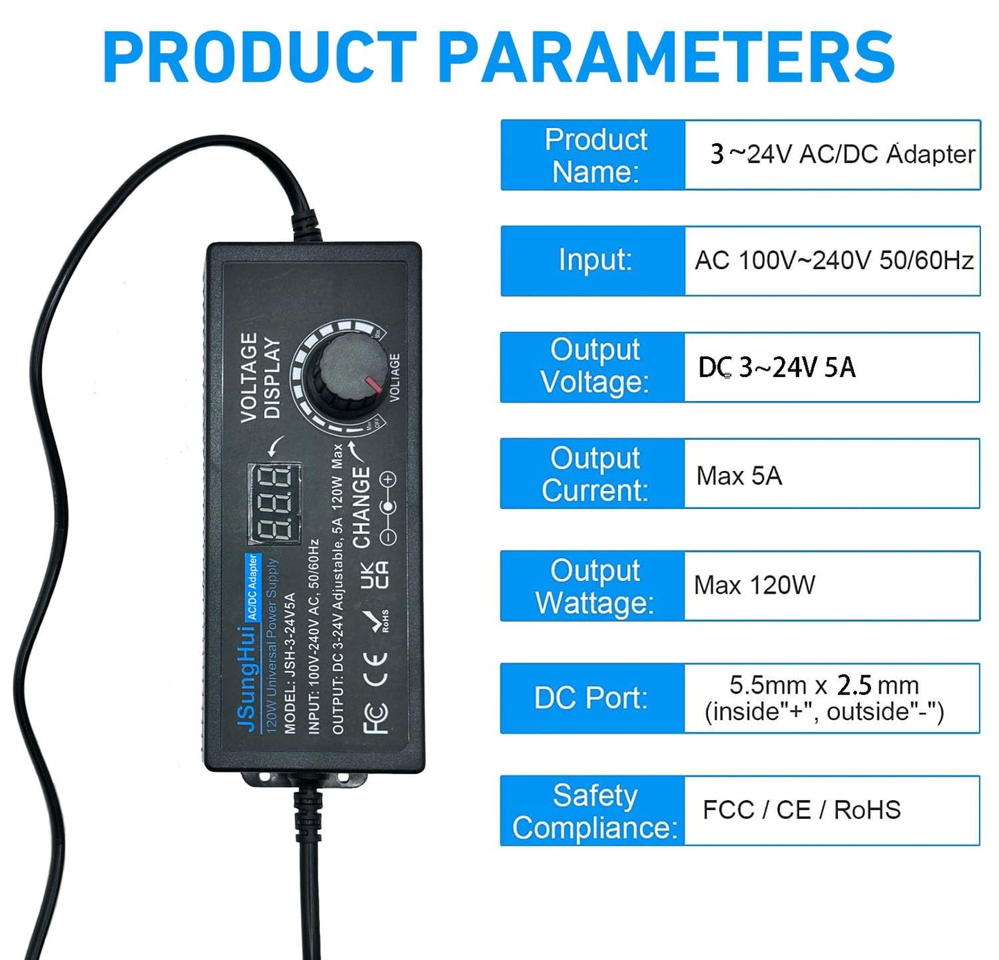 24V 5A 120W Universal Power Supply Adjustable DC 3V ~ 24V Variable Switching AC/DC Adapter 100V-240V AC to DC 24V 5A 120W Converter with 14 Tips…