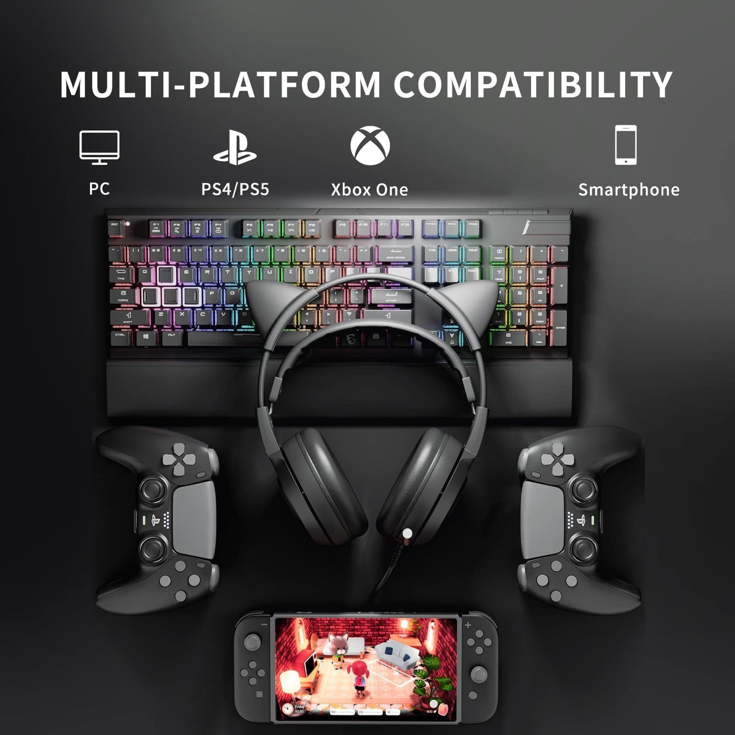 SOMIC Stereo Gaming Headset with Mic for PS4, PS5, Xbox One, PC, Mobile Phone, 3.5MM Sound Detachable Cat Ear Headphones Lightweight Self-Adjusting