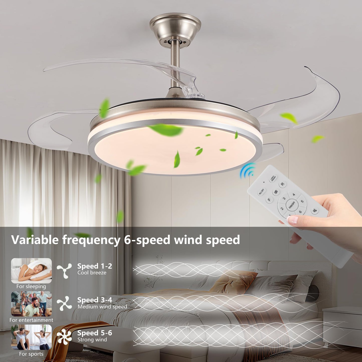 Ouimico 42 Inch Retractable Ceiling Fan with Light and Remote, Modern Invisible Ceiling Fan, 6-Speed Reversible DC Motor, Dimmable 3 Color LED, Quiet