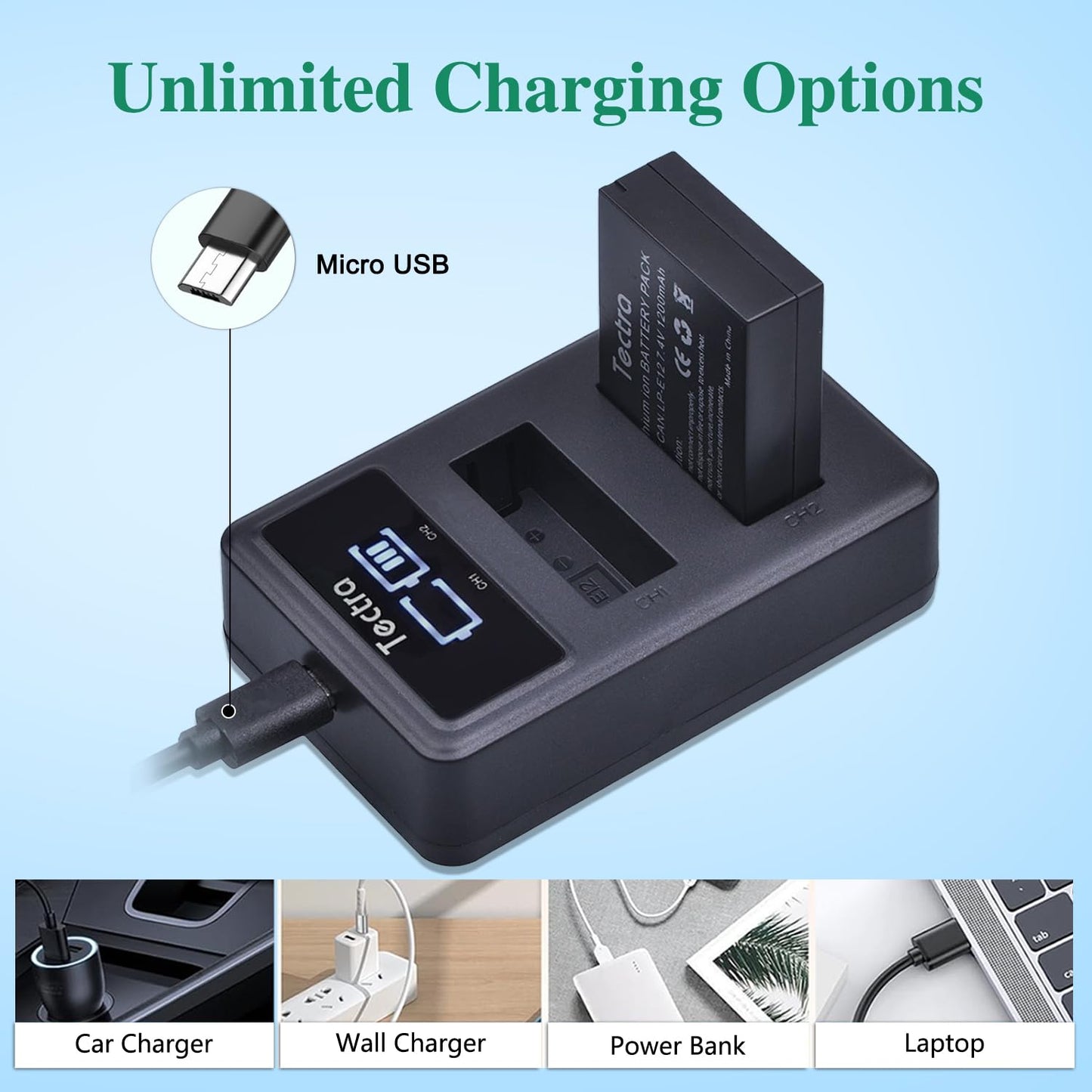 Tectra 2-Pack LP-E12 LPE12 Battery and LED Dual Charger for Canon EOS M50, M50 Mark II, EOS M, M2, M10, M100, M200, PowerShot SX70 HS, Rebel SL1