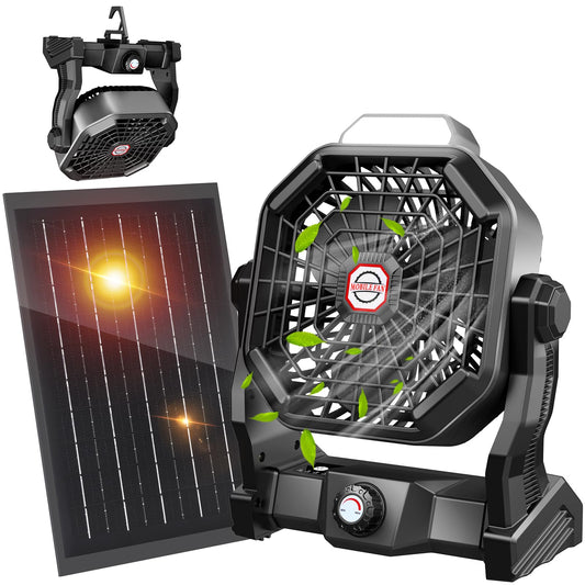 JINLICTE Solar Fan with LED Lantern, Camping Fan with 7W Solar Panel, Rechargeable Solar Powered for Outside, Quiet Battery Operated Tent for Picnic