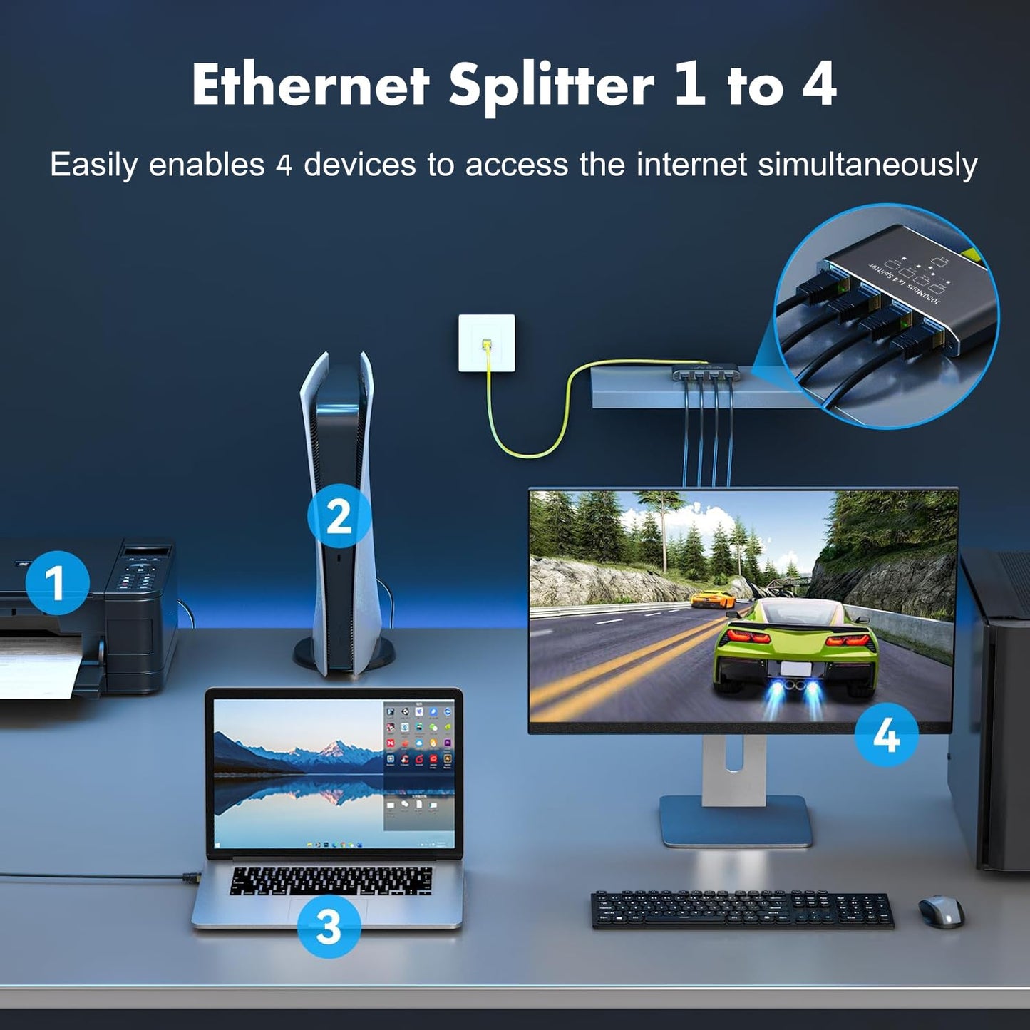 Ethernet Splitter 1 to 4, 1000Mbps High-Speed Internet Splitter, Gigabit RJ45 Port Router Switch, LAN-Splitter, Supporting Simultaneous Networking