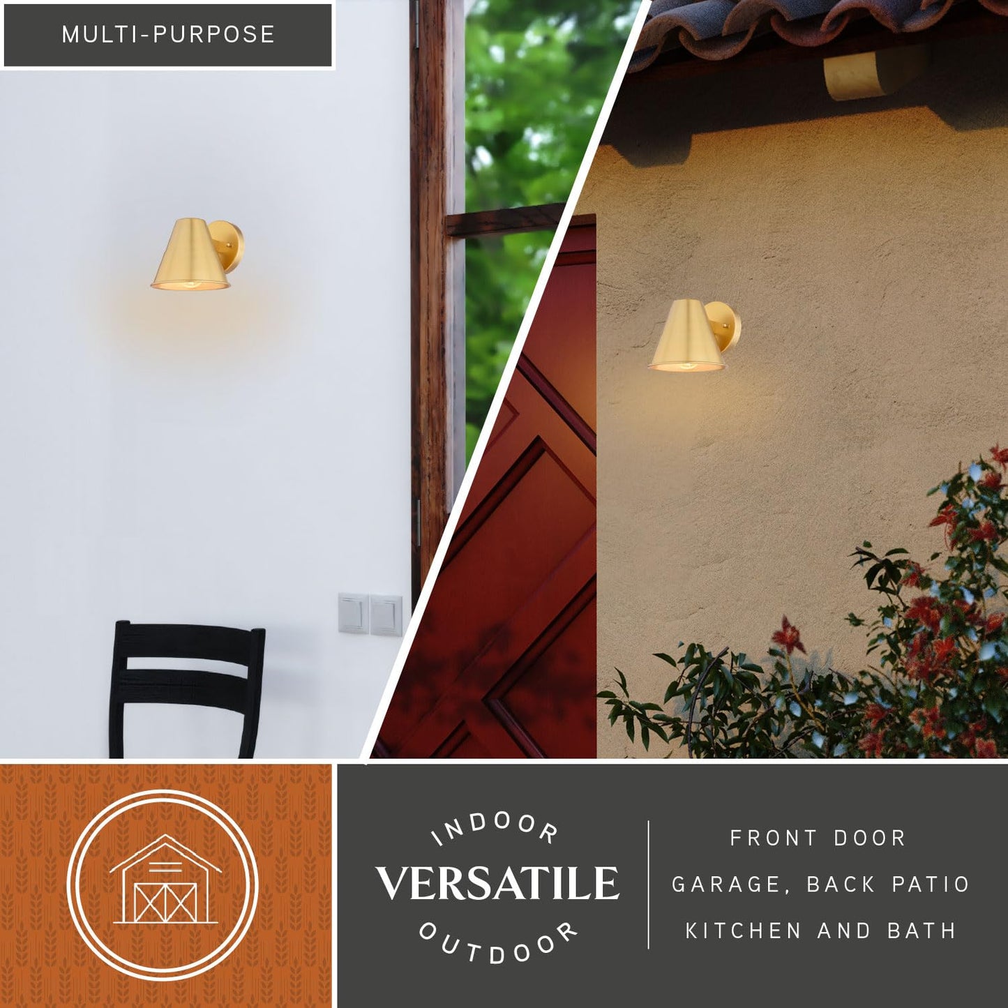 VAXCEL Smith 6.25 in. H 1-Light Gold Contemporary Outdoor Wall Sconce, Durable Steel Metal Cone Shade, LED Compatible, Dark Sky Compliant, Use